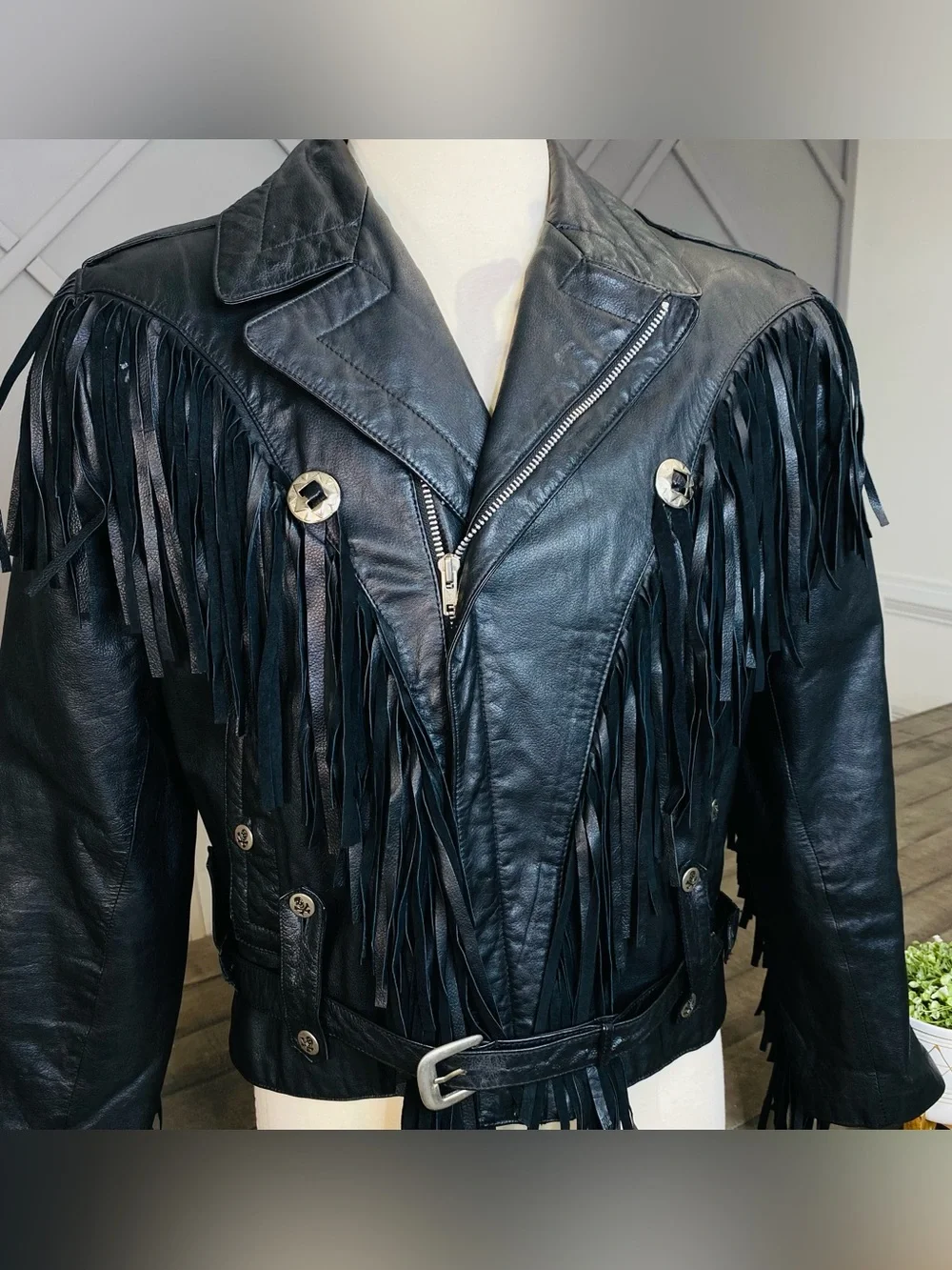 Vintage Leather Warehouse Black Fringe Moto Jacket Belted Western Rock Sz 44